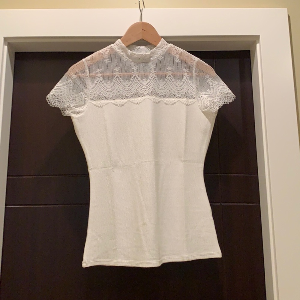 NEW with tags RW&CO Lace and Crepe mock-neck top